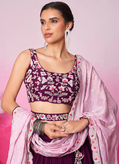 Elegant Deep Wine Bridal Lehenga Choli with Multi-Hued Embroidery