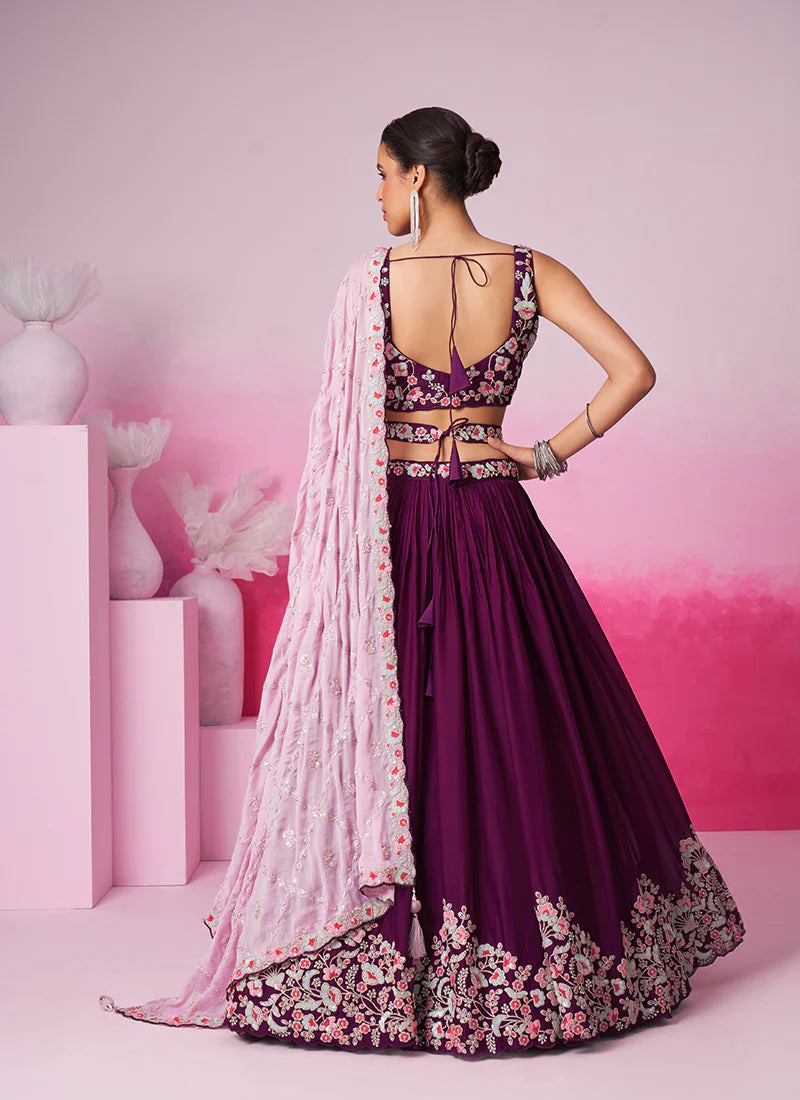 Elegant Deep Wine Bridal Lehenga Choli with Multi-Hued Embroidery