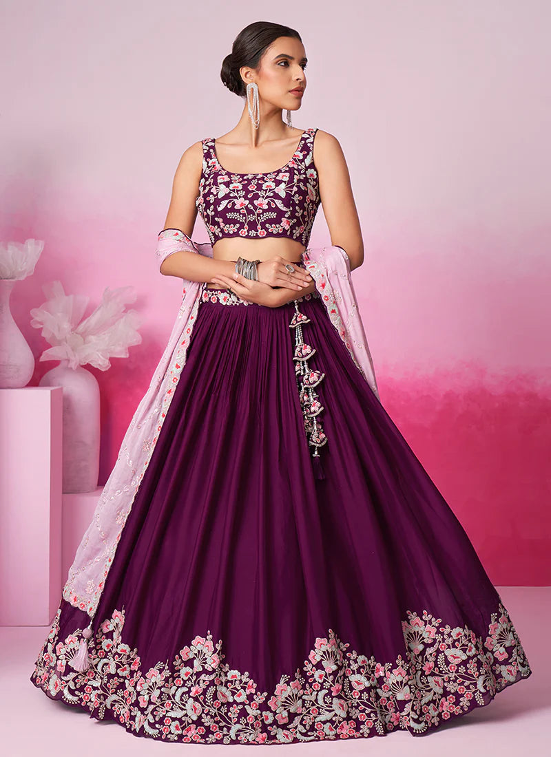 Elegant Deep Wine Bridal Lehenga Choli with Multi-Hued Embroidery