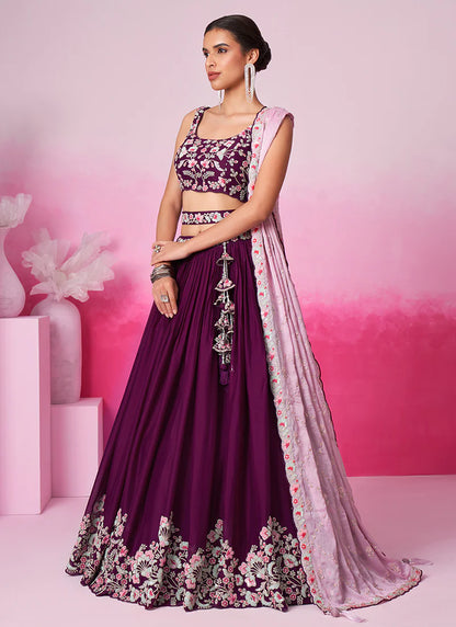 Elegant Deep Wine Bridal Lehenga Choli with Multi-Hued Embroidery