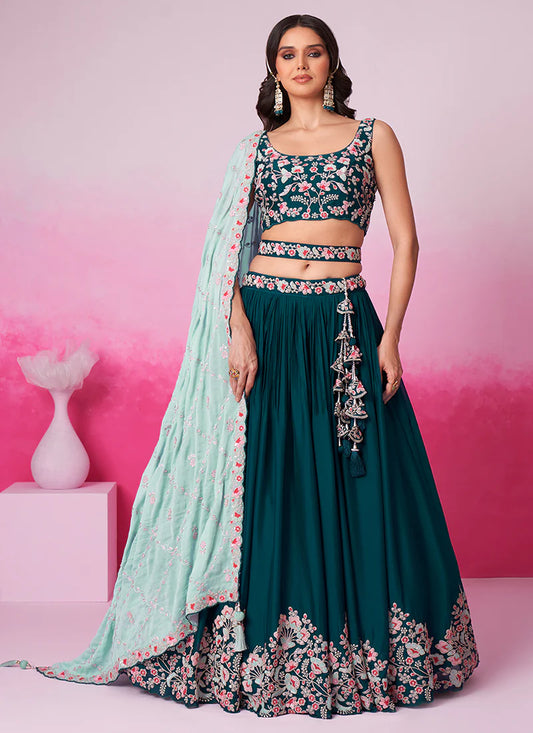 Elegant Turquoise Bridal Lehenga Choli with Multi-Hued Embroidery