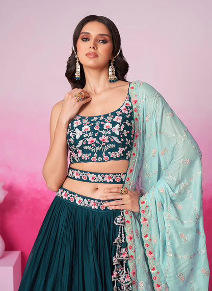 Elegant Turquoise Bridal Lehenga Choli with Multi-Hued Embroidery