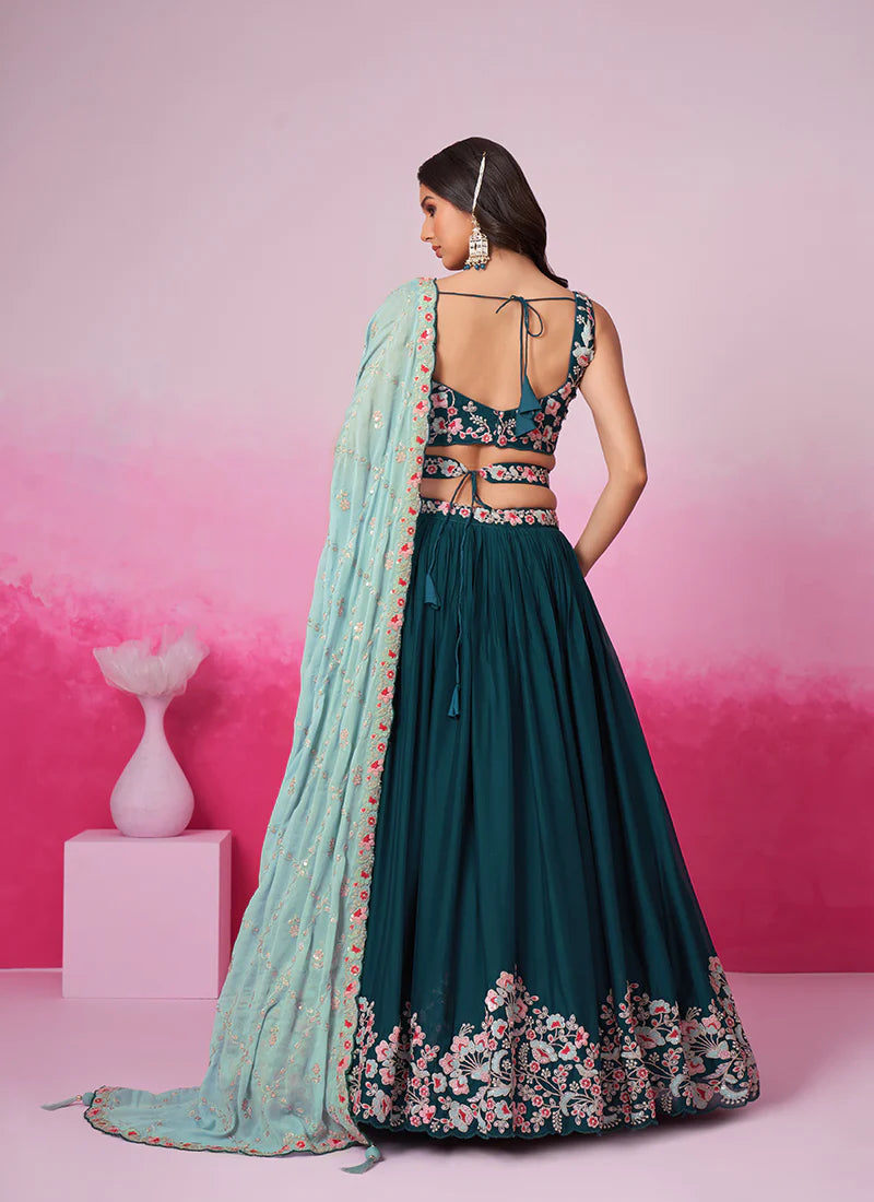 Elegant Turquoise Bridal Lehenga Choli with Multi-Hued Embroidery