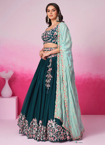 Elegant Turquoise Bridal Lehenga Choli with Multi-Hued Embroidery