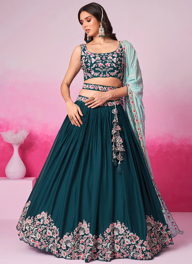 Elegant Turquoise Bridal Lehenga Choli with Multi-Hued Embroidery