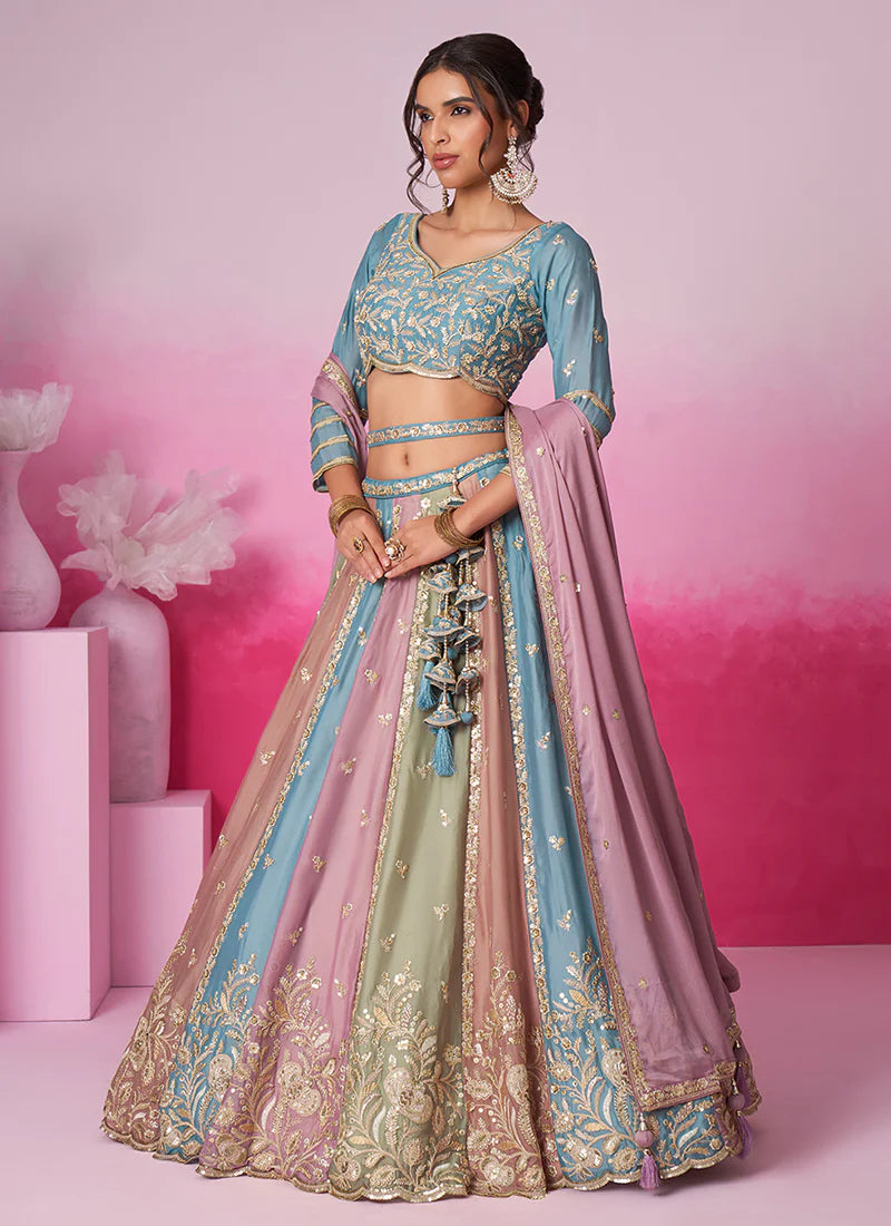 Multicolored Sky Blue Embroidered Bridal Lehenga Choli