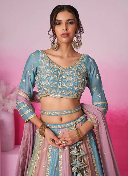 Multicolored Sky Blue Embroidered Bridal Lehenga Choli