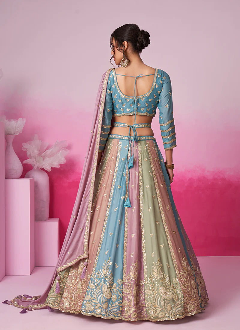 Multicolored Sky Blue Embroidered Bridal Lehenga Choli