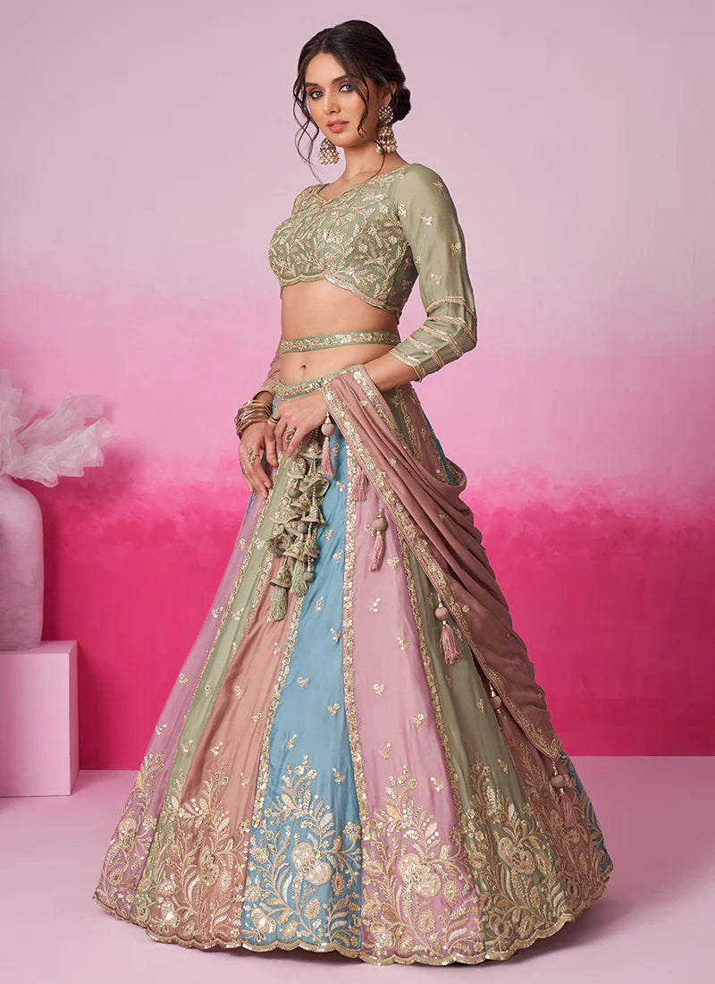 Multicolored Sage Green Embroidered Bridal Lehenga Choli