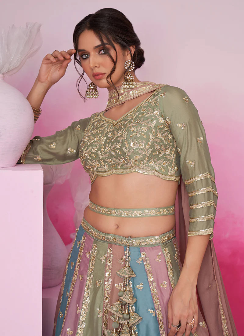 Multicolored Sage Green Embroidered Bridal Lehenga Choli