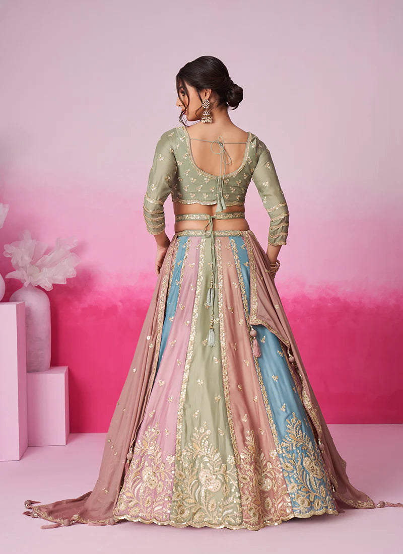 Multicolored Sage Green Embroidered Bridal Lehenga Choli