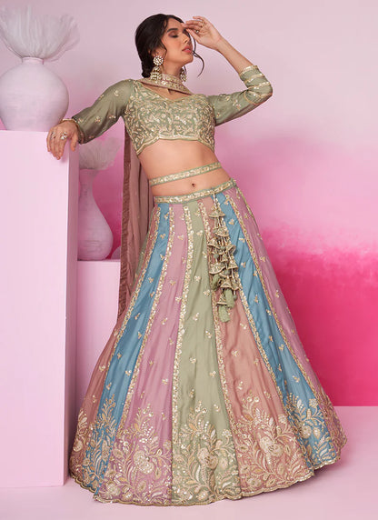 Multicolored Sage Green Embroidered Bridal Lehenga Choli