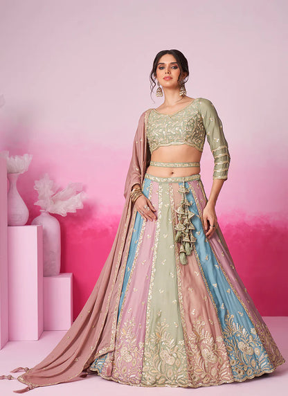 Multicolored Sage Green Embroidered Bridal Lehenga Choli