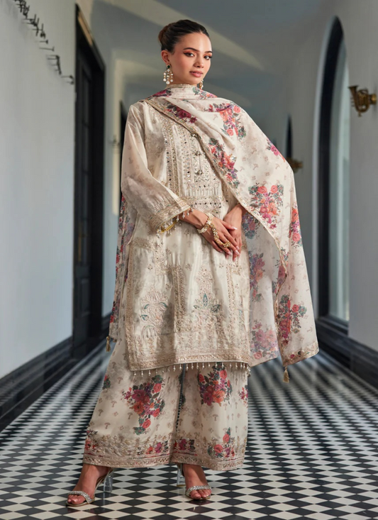Off-White Floral Embroidered Salwar Kameez with Dupatta – Indian Pakistani Wedding & Festival Wear