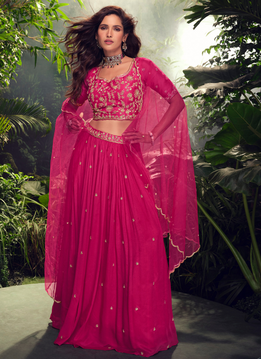 Buy Hot Pink Chinnon Lehenga Choli with Net Dupatta for Pakistani Festival and Indian Wedding – Mirror and Zari Embroidery