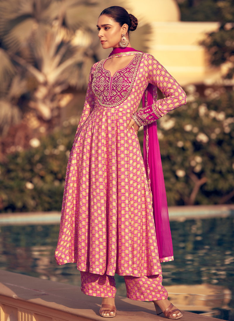 Pink Chinnon Anarkali suit with Pant and Dupatta 