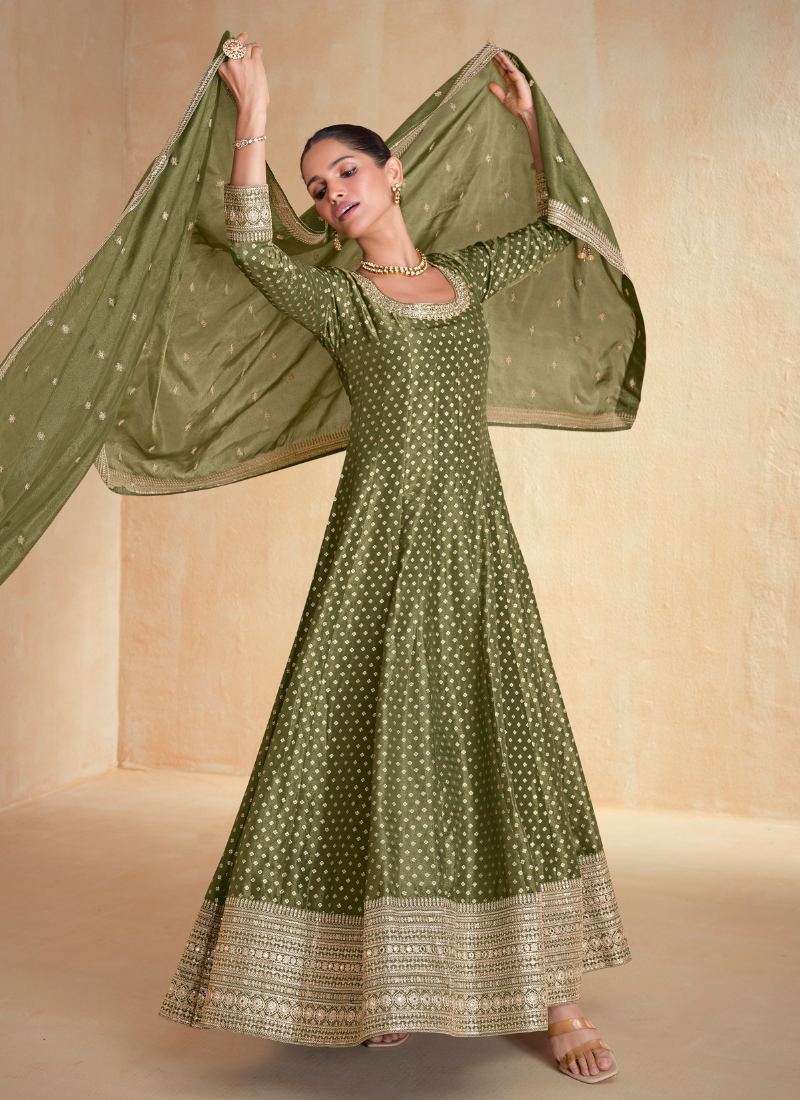 Green Organza embroidered Long Sleeve Anarkali Gown with Dupatta for Pakistani Weddings and Indian Festivals 