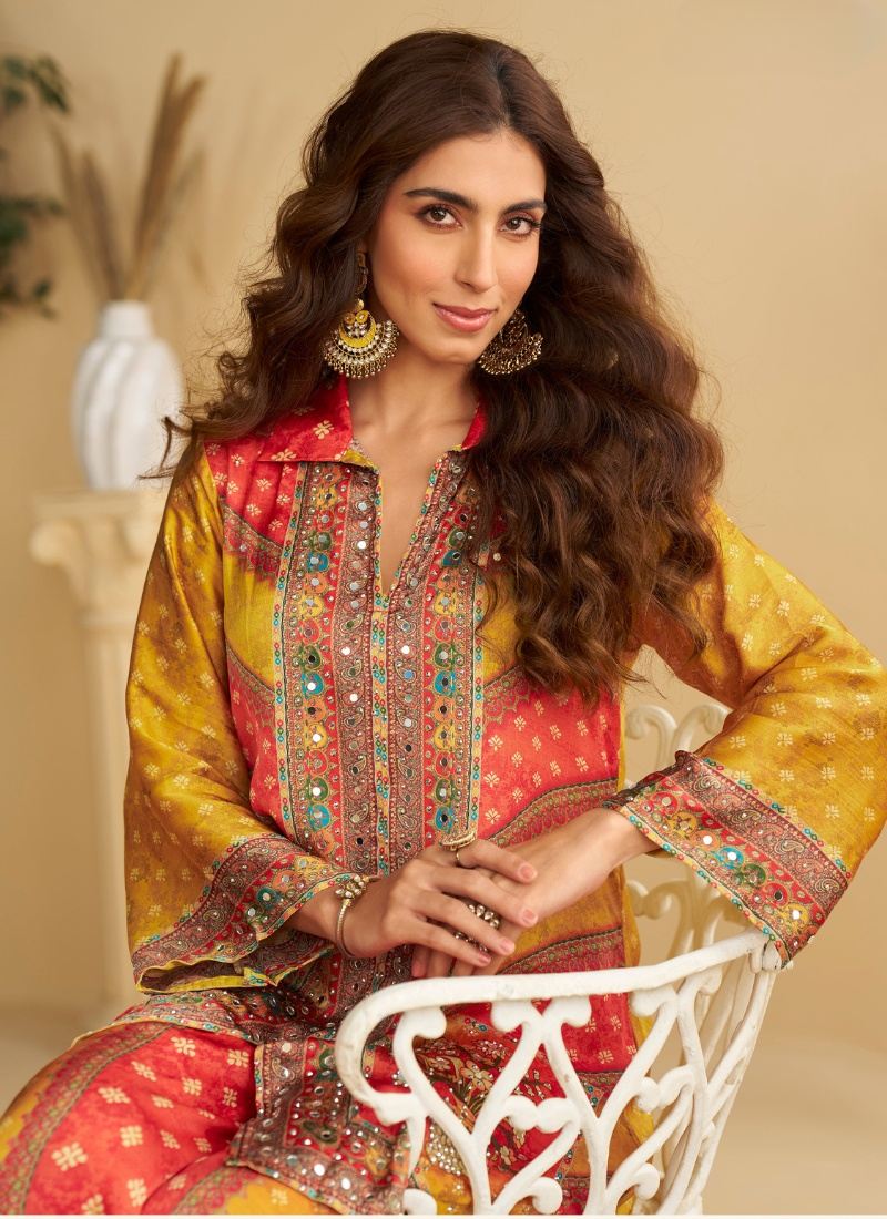 Mustard Yellow & Scarlet Red Crape Silk Printed Palazzo Set for Indian Wedding and Pakistani Festival