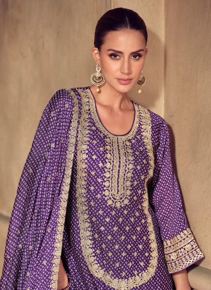 Purple Chinon Sharara Suit with Dupatta for Indian Wedding and Pakistani Festival