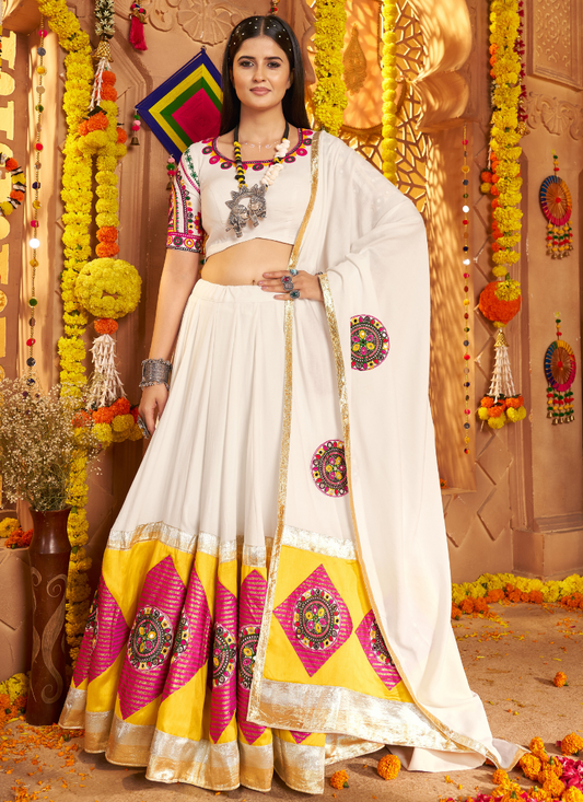 White Chaniya Choli with Yellow & Pink Embroidery – Elegant Navratri Garba Outfit