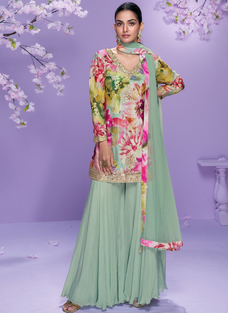 Pastel Green Chinon Silk Palazzo Suit with Floral Print For Indian Wedding and Pakistani Festival