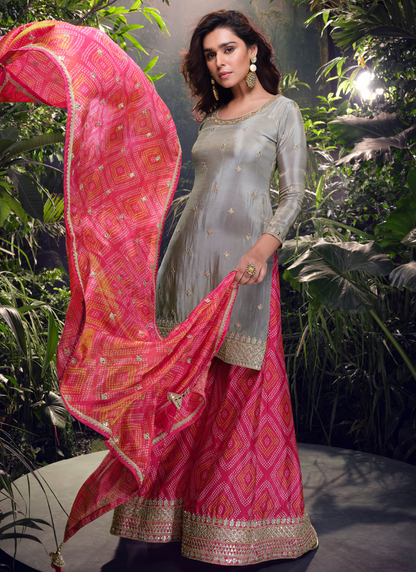 Grey and Pink Chinnon Silk Sharara Suit with Dupatta -Perfect for Indian Wedding & Pakistani Festival