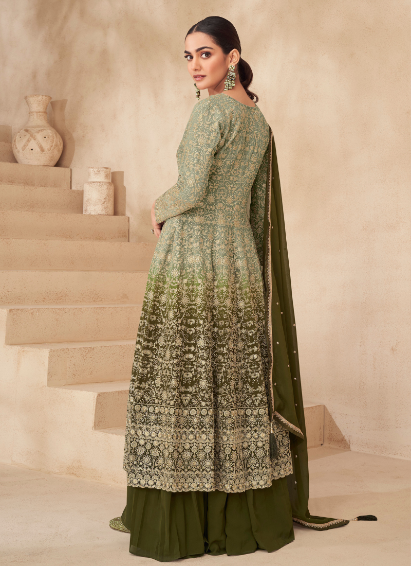 Designer Green Georgette Sharara Suit with Dupatta for Indian Festivals & Pakistani Weddings