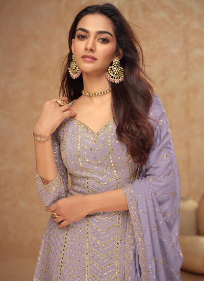 Designer Lilac Chinnon Sharara Suit with Dupatta for Pakistani Weddings and Indian Festivals – Embroidery Work