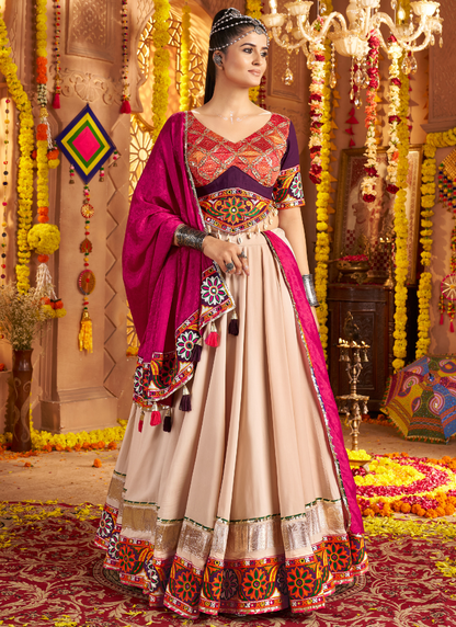 Beige Flared Chaniya Choli with Multi-Thread Embroidery & Pink Dupatta – Indian Pakistani Festival & Garba Night Wear