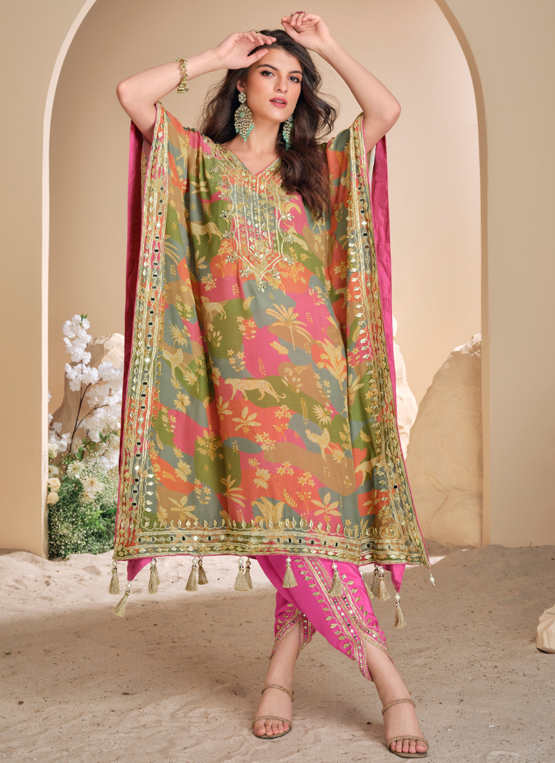 Multicolor Viscose Silk Kaftan with Pink dhoti  for Indian Festival and Pakistani Wedding- Mirror Work