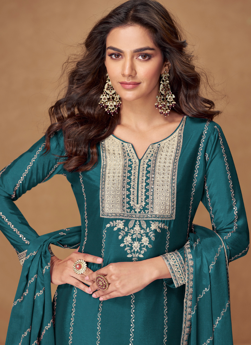 Party Wear Turquoise Chinon Embroidered Plazzo Suit