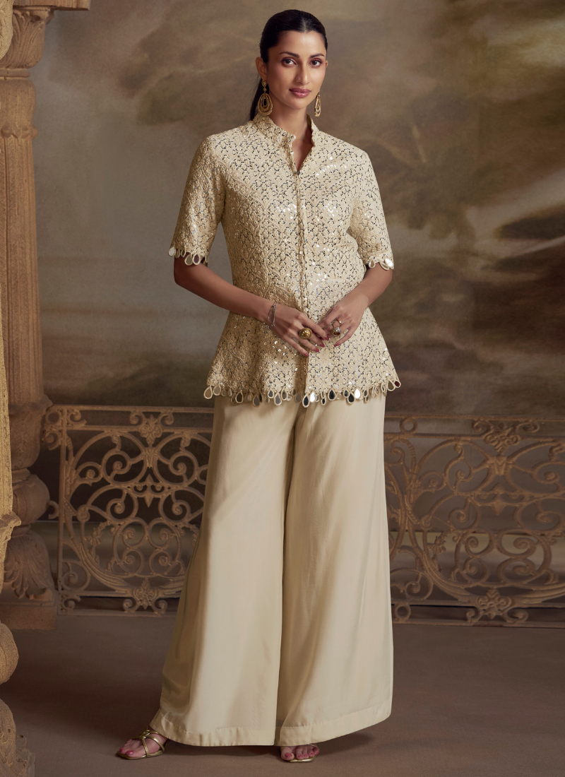 Designer Cream Viscose Palazzo Suit for Indian Wedding and Pakistani Festival