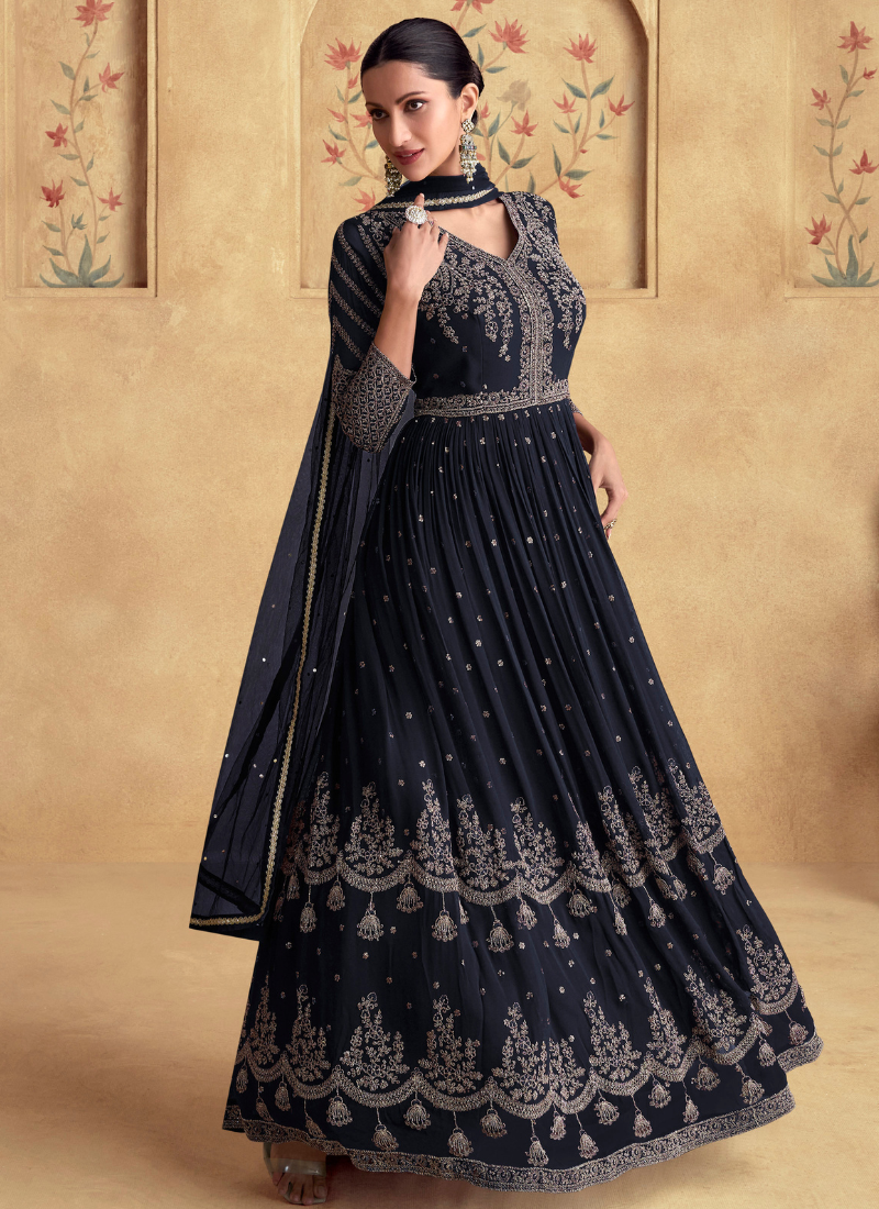 Shop Dark Blue Georgette Embroidered Anarkali Suit with Dupatta