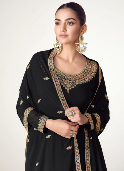 Black Georgette Embroidered Anarkali Gown with Dupatta for Indian Wedding and Pakistani Festival