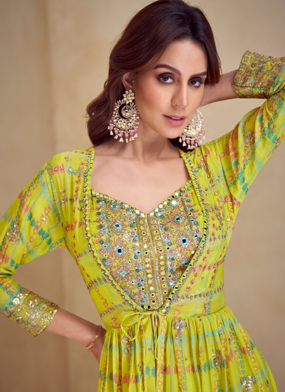 Lime Yellow Chinon Silk Sharara Set with Embroidered Blouse & Printed Shrug