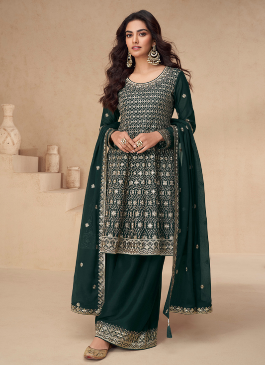 Shop Online Green Chinnon Silk Sharara Suit with Dupatta 