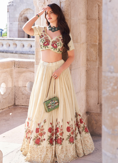 Cream Floral Chinnon Silk Lehenga with Embroidered Blouse and Dupatta – Ideal for Indian and Pakistani Weddings