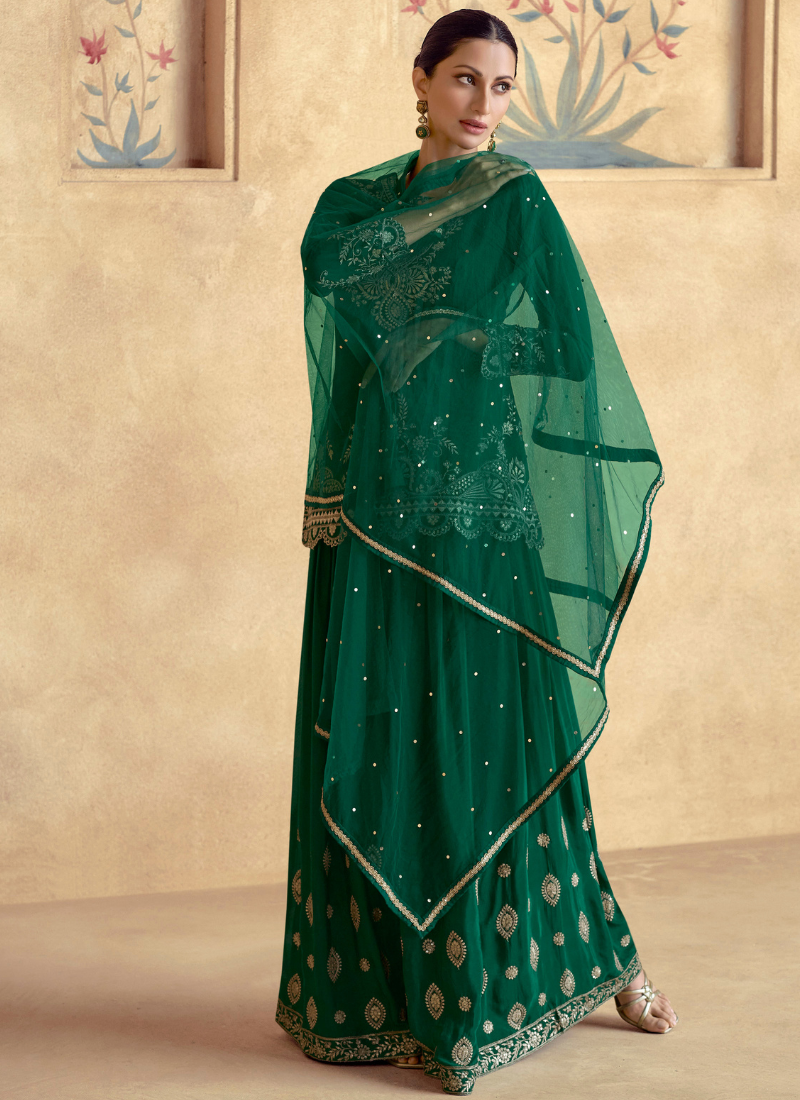 Designer Green Chinnon Silk Embroidered Sharara Suit with Dupatta – Perfect for Indian Wedding & Pakistani Festival