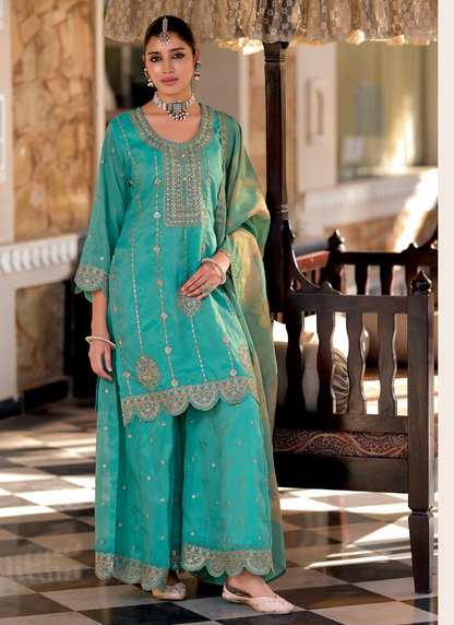 Aqua Blue Simar Embroidered Sharara Suit with Dupatta for Panjabi Weddings