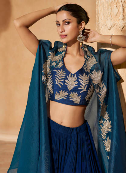 Blue Embroidered Lehenga Set with Cape Dupatta for Pakistani Festival and Indian Wedding