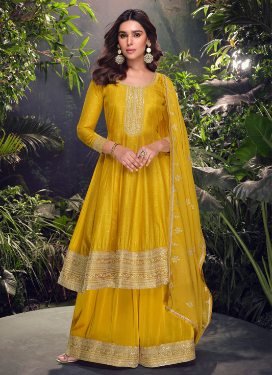 Buy Designer Yellow Viscose Jacquard Silk Embroidery Sharara Suit with Dupatta for Indian Festivals and Pakistani Weddings