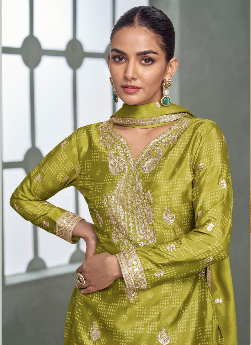 Mehendi Green Chinon Silk Sharara Suit for Indian Wedding and Pakistani Festival