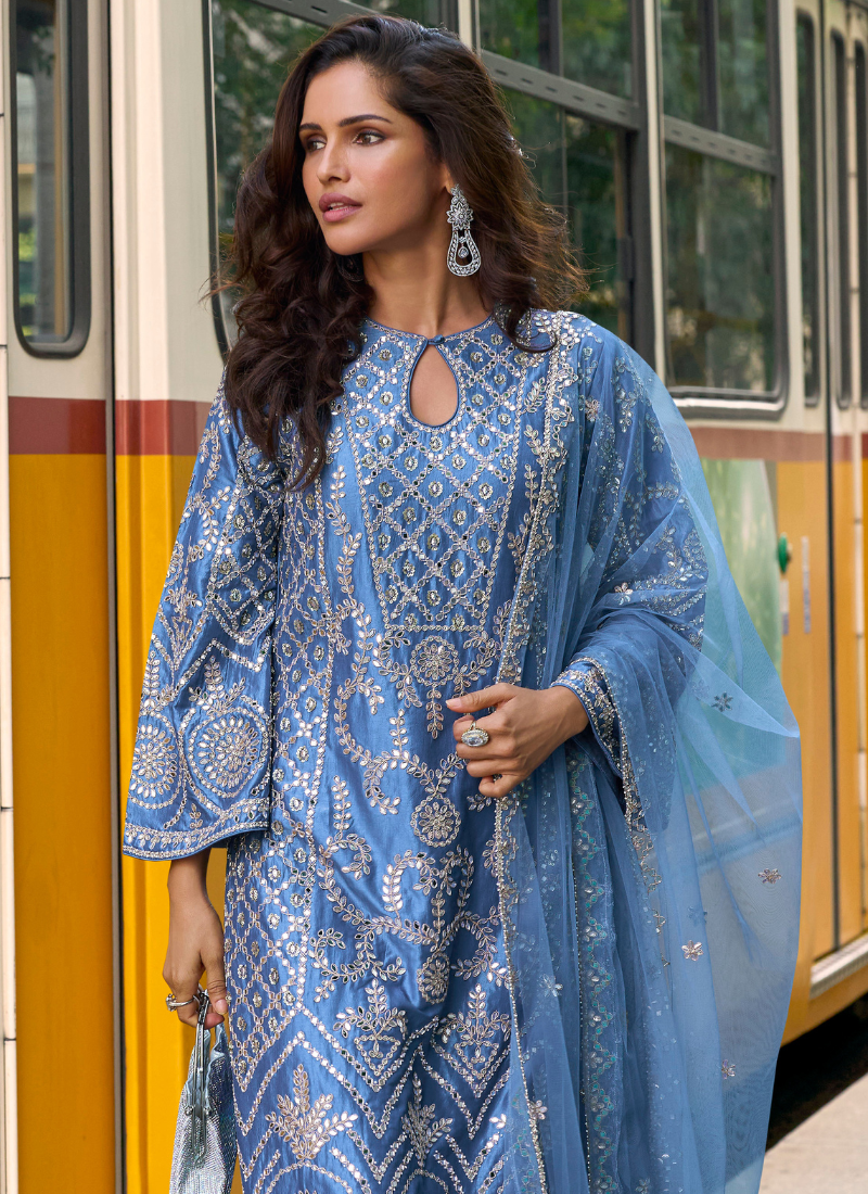 Blue Simar Silk Salwar Suit with Dupatta for Indian Wedding and Pakistani Festival