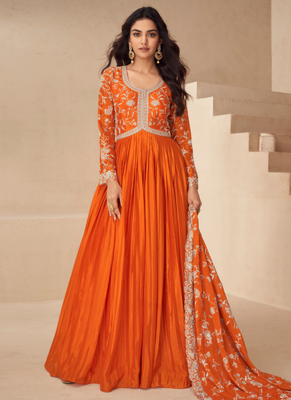 Orange Chinnon Silk Embroidery Anarkali Gown with Dupatta for Indian Festival and Pakistani Wedding - Thread Work