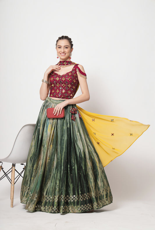 Printed Style Contrast Color Lehenga Choli