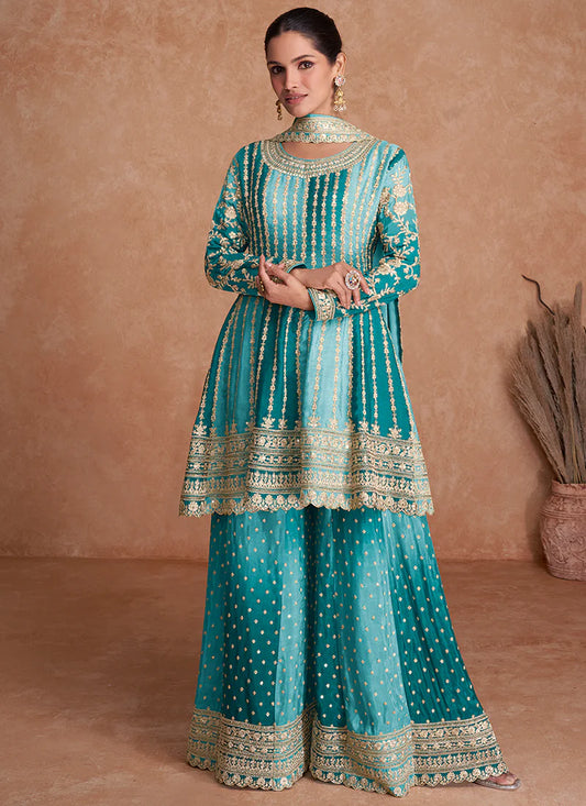 Traditional Turquoise Embroidered Gharara Wedding Suit