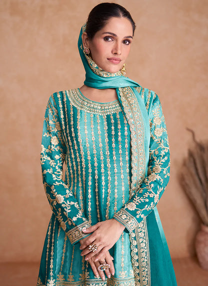 Traditional Turquoise Embroidered Gharara Wedding Suit