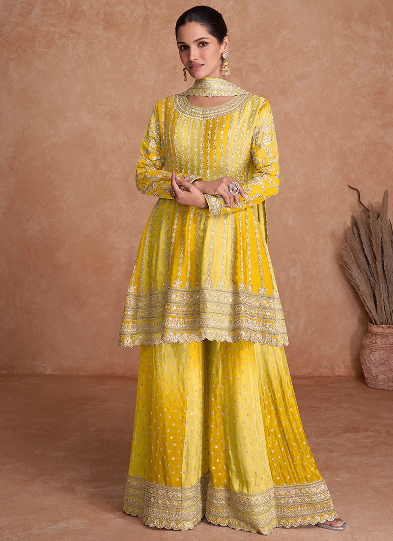 Traditional Yellow Embroidered Gharara Wedding Suit