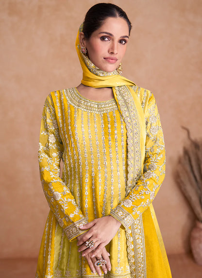 Traditional Yellow Embroidered Gharara Wedding Suit