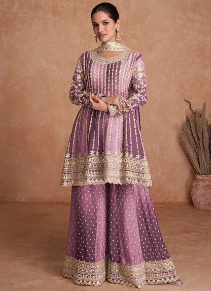 Traditional Purple Embroidered Gharara Wedding Suit